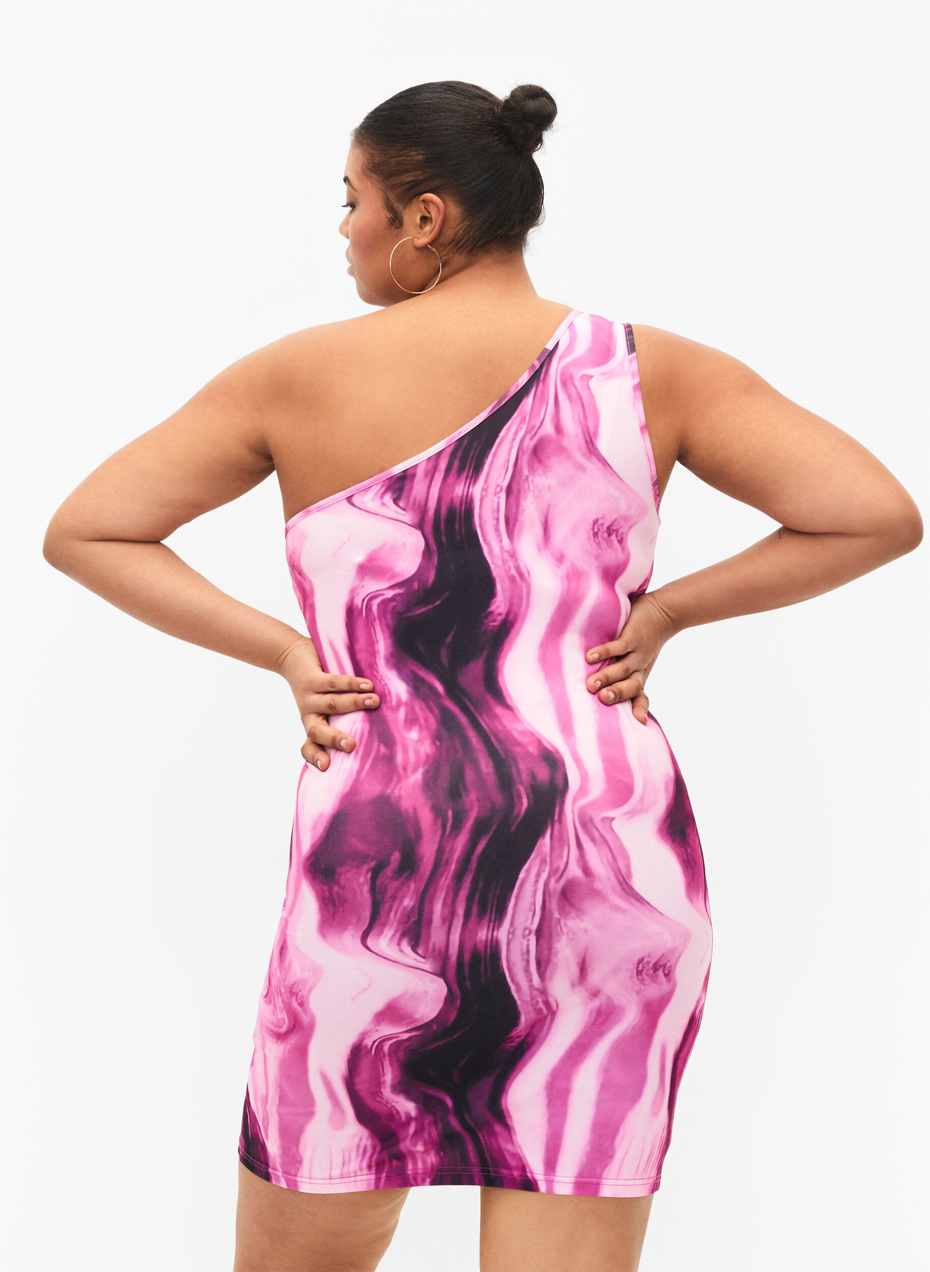 Zizzifashion Tight-fitting one-shoulder dress with print, Raspberry Rose AOP, Model image number 1