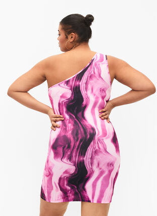 Tight-fitting one-shoulder dress with print, Raspberry Rose AOP, Model image number 1
