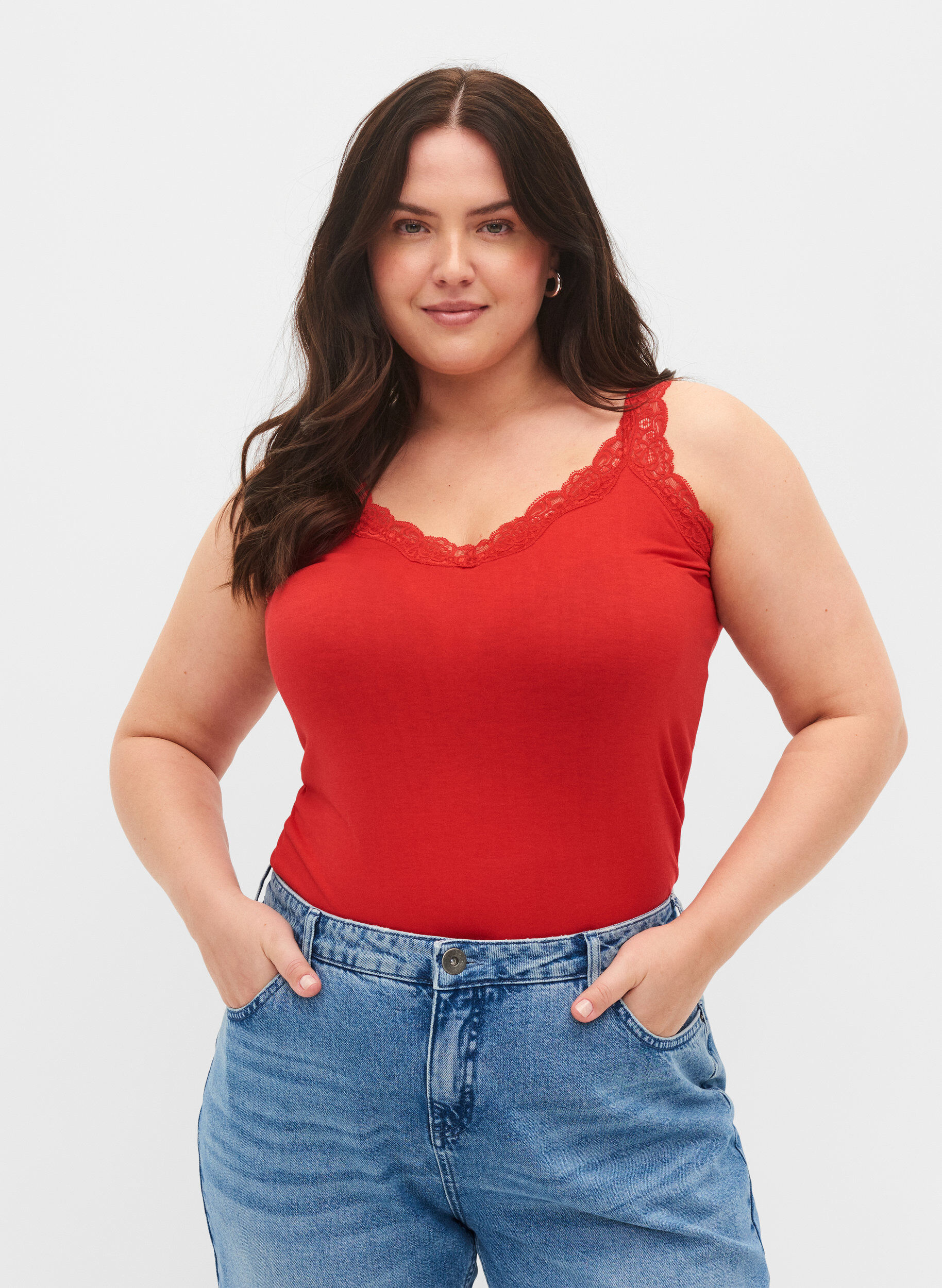 Zizzifashion 2-pack top with lace, Black/Chinese Red, Model image number 0