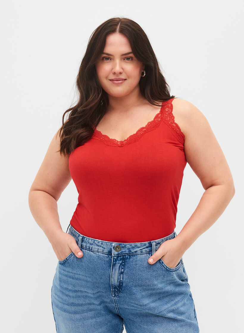 2-pack top with lace, Black/Chinese Red, Model image number 0