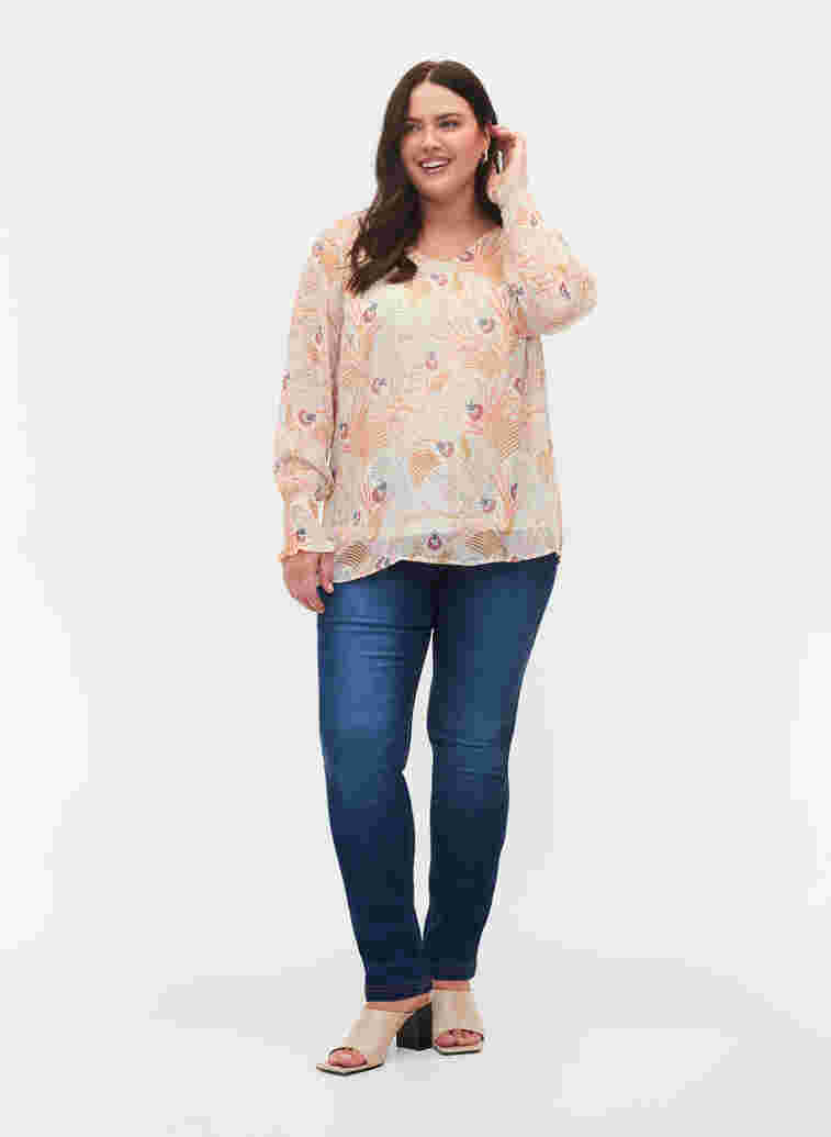 Floral blouse with long sleeves and v neck, Yellow/Pink AOP, Model image number 2