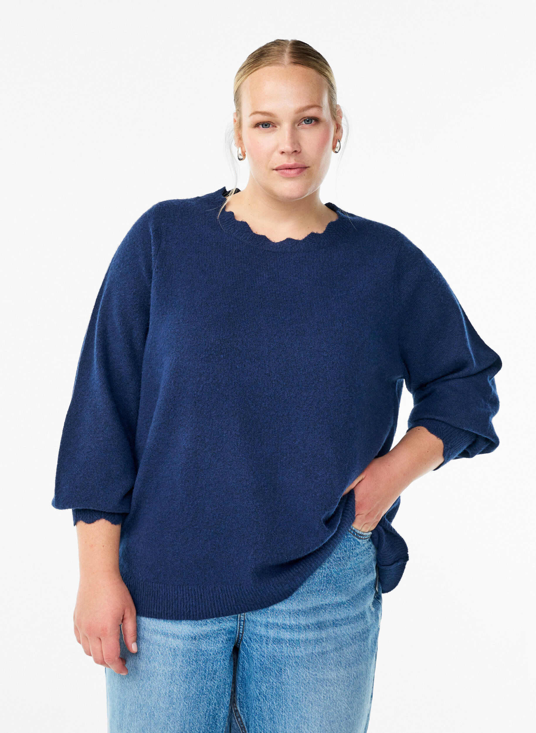 ZizzifashionKnitted blouse with wavy edges, Blue, Model image number 0