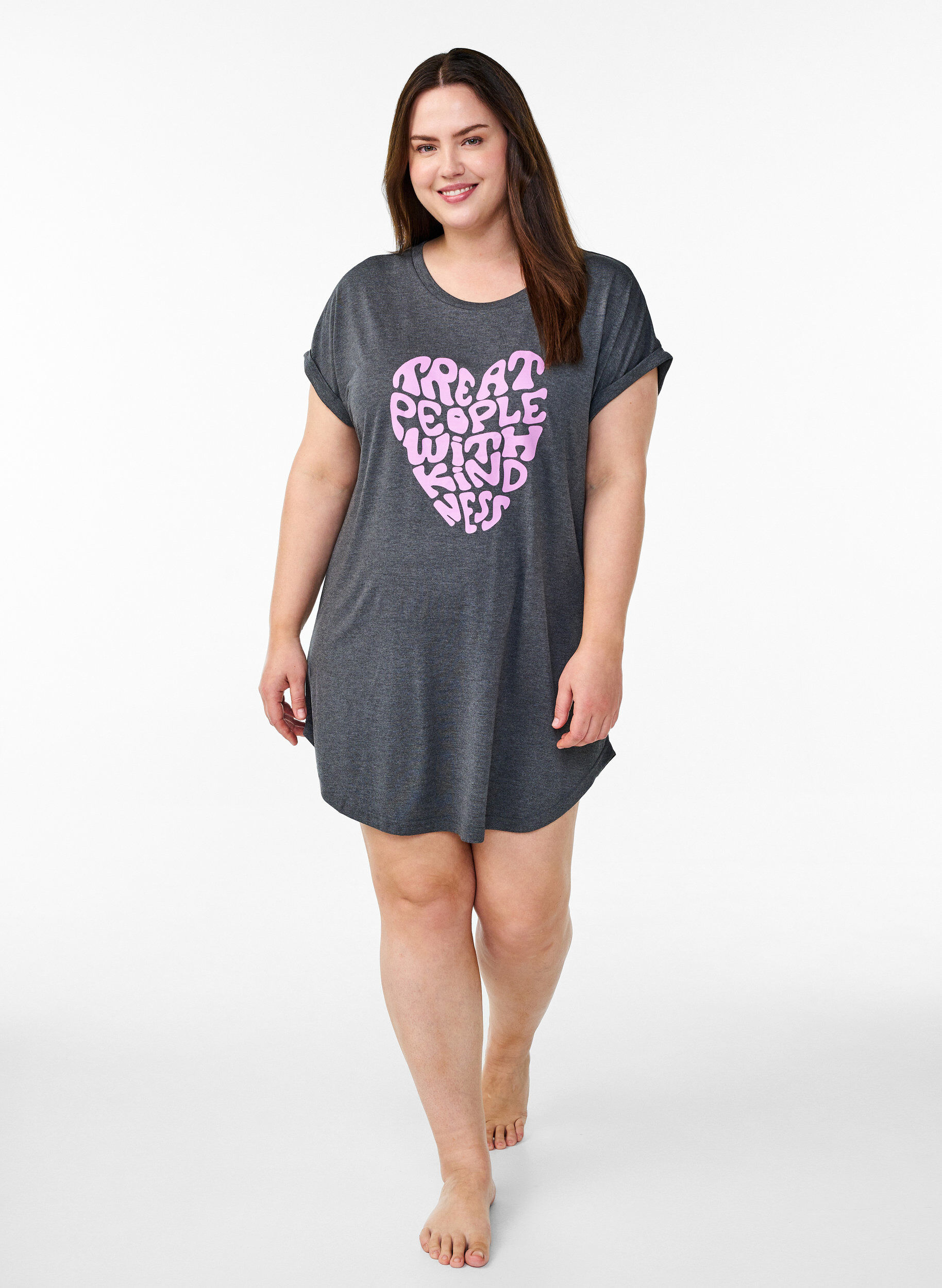 ZizzifashionShort sleeve nightgown with text print, Black, Model image number 1