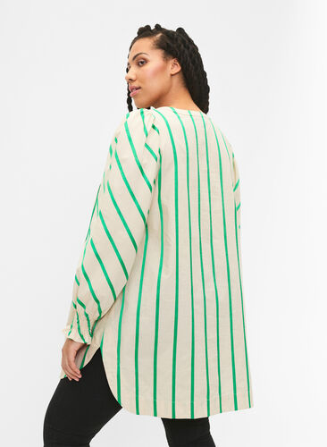 Striped tunic in cotton with smock and ruffles, Beige Green Stripe, Model image number 1