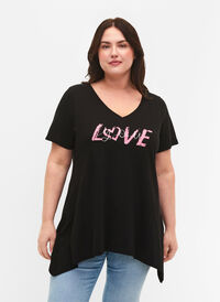 Cotton t-shirt with short sleeves, Black LOVE, Model