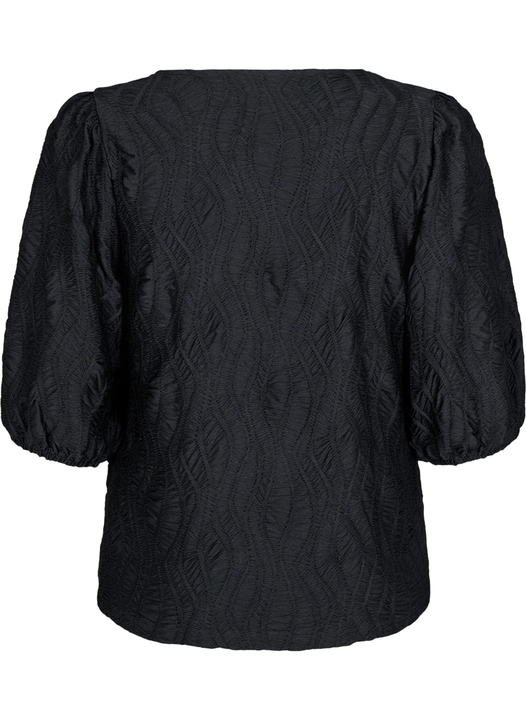 ZizzifashionBlouse with texture and 3/4 sleeves, Black, Packshot image number 1