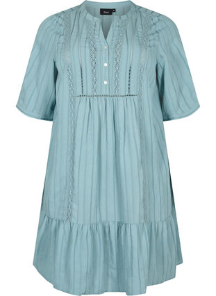 Striped viscose dress with lace ribbons, Smoke Blue, Packshot image number 0