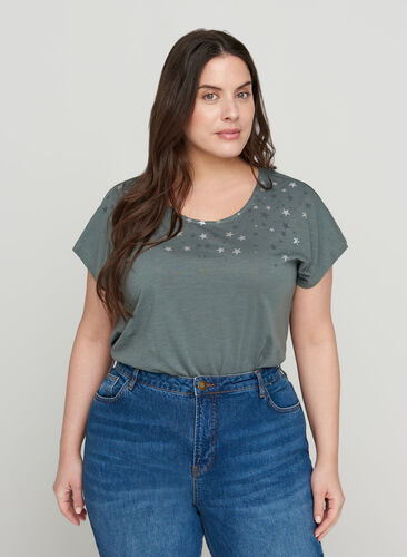 Short-sleeved cotton t-shirt with starts, Balsam Green STARS, Model image number 0