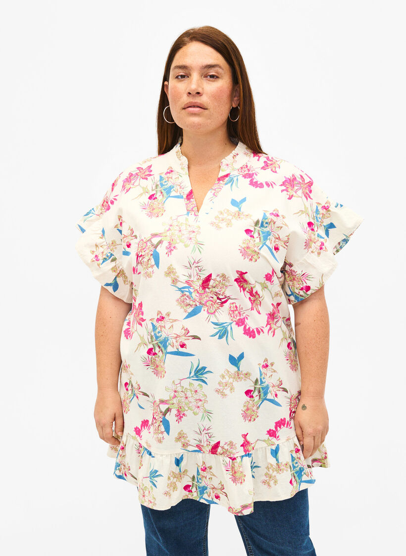 Floral cotton tunic in cotton, Eggnog Flower AOP, Model image number 0