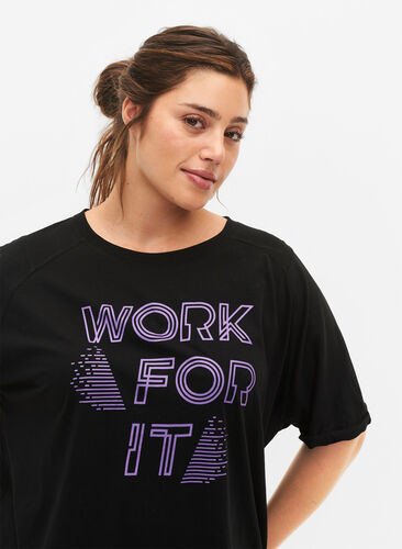 Cotton training t-shirt with print, Black w. Work For It, Model image number 3