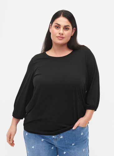 Plain blouse with 3/4 sleeves, Black, Model image number 0
