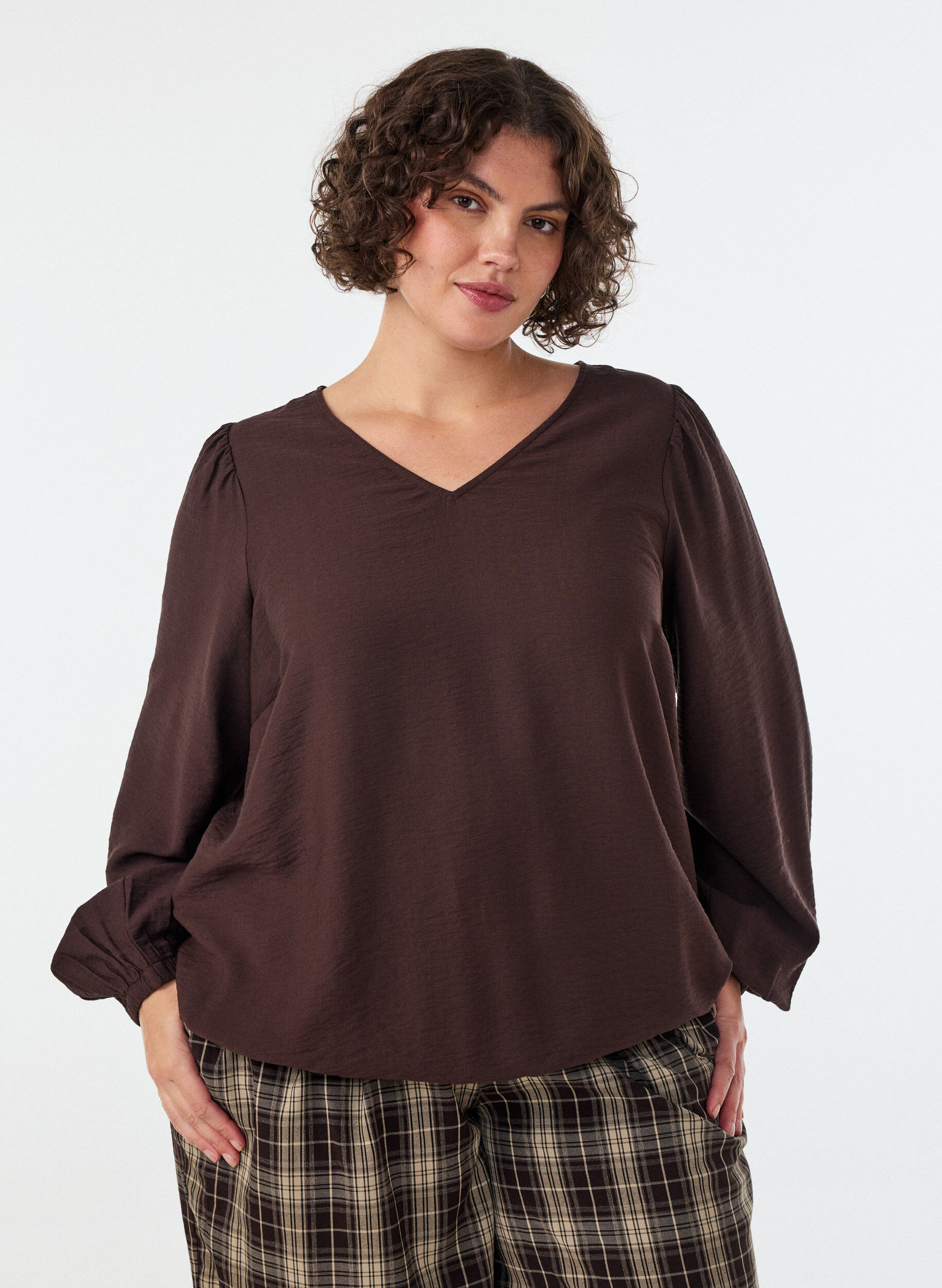 ZizzifashionViscose blouse with V-neck and balloon silhouette, Brown, Model image number 0