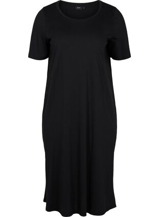 Cotton t-shirt dress with side slits, Black, Packshot image number 0