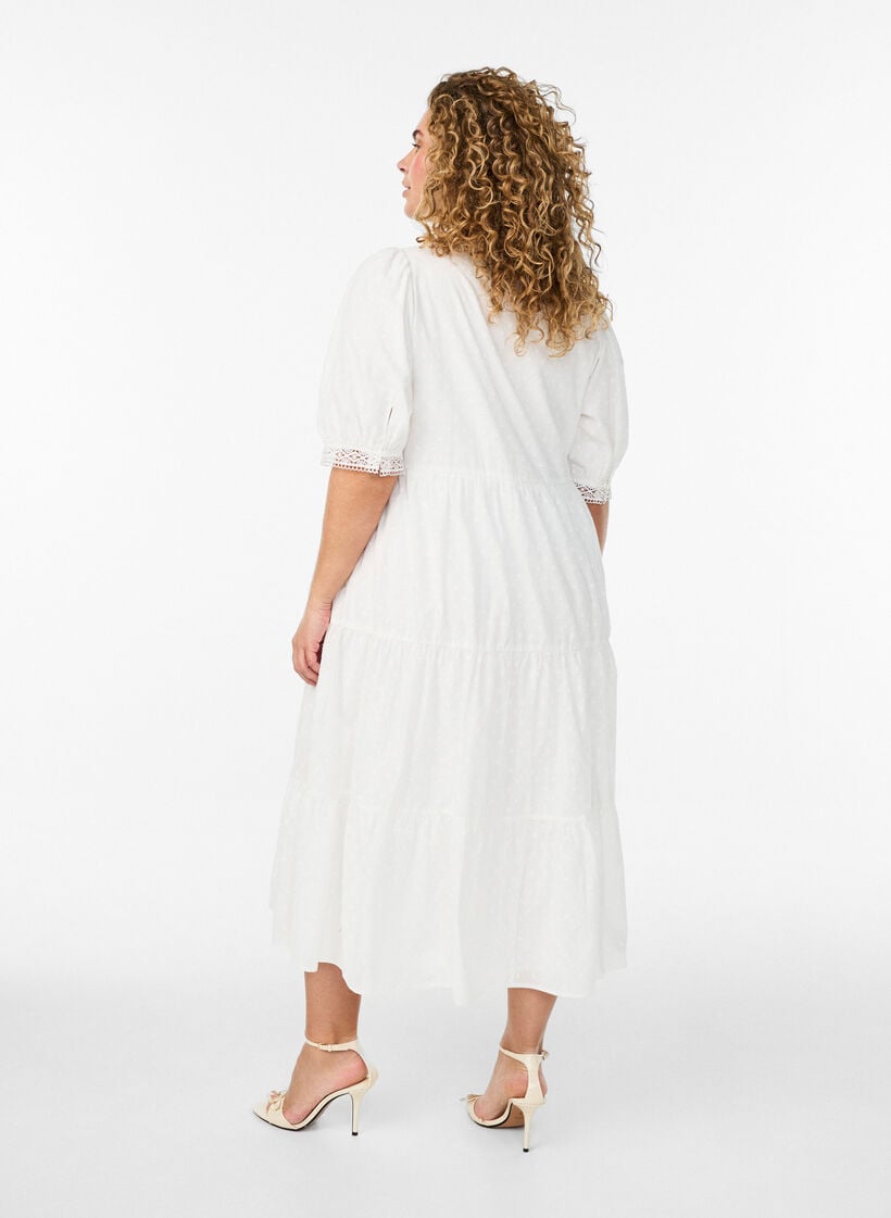 Textured cotton midi dress with crochet details, White, Model image number 1