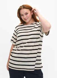 Short sleeve blouse with contrast-colored stripes, Sand Black Stripe, Model