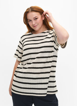 Short sleeve blouse with contrast-colored stripes, Sand Black Stripe, Model image number 0
