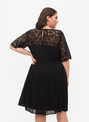 Short sleeve dress with lace top, Black, Model image number 1