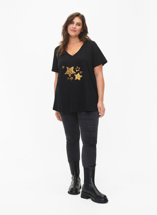 Cotton t-shirt with sequins, Black W. Star, Model image number 2
