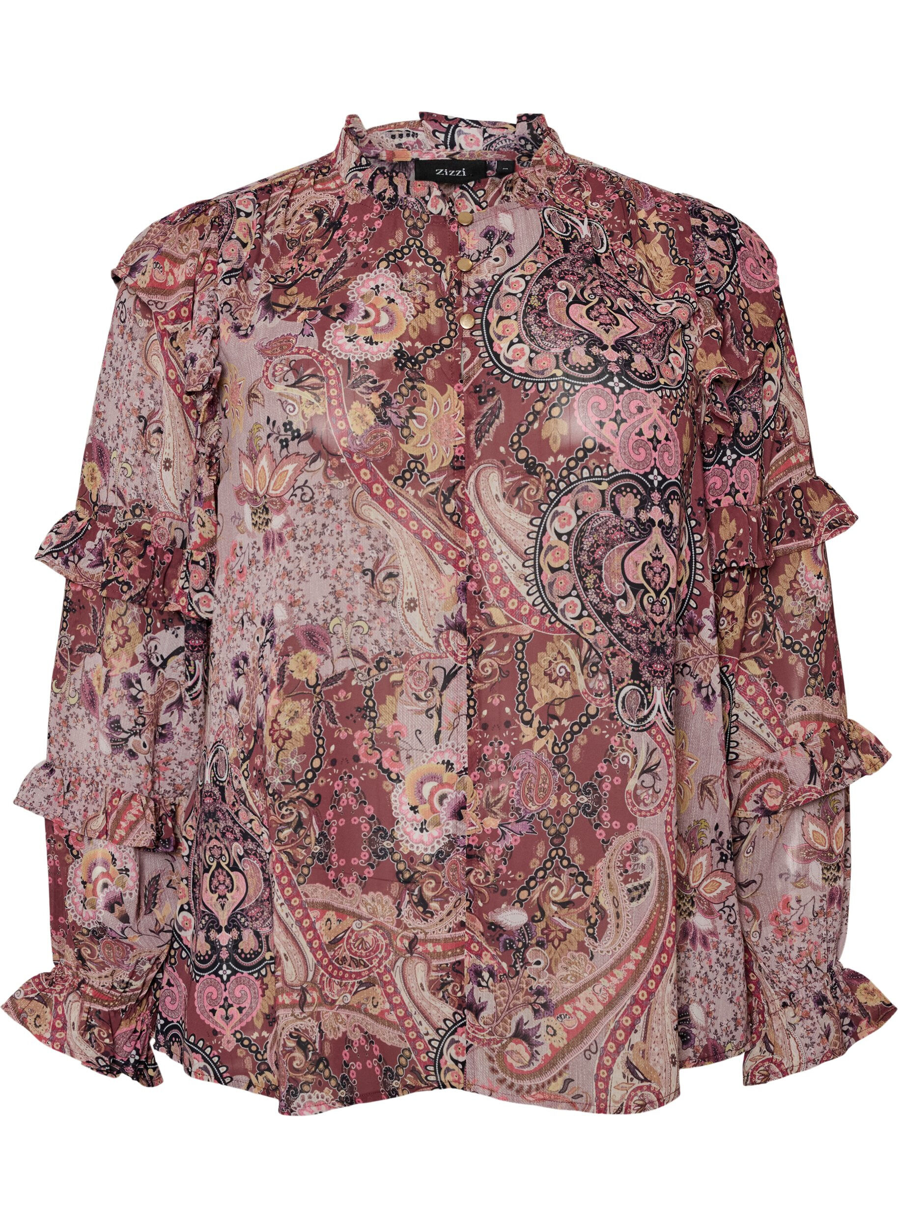 ZizzifashionBlouse with paisley print and ruffle details, Purple, Packshot image number 0