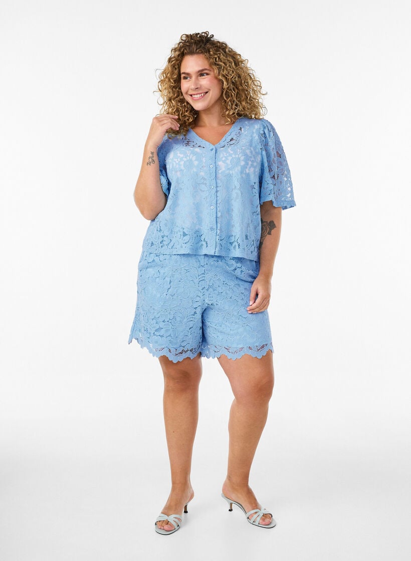 Short-sleeved lace blouse with V-neck, Blue, Model image number 1