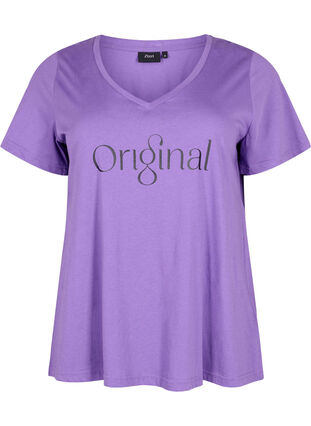 Cotton t-shirt with text print and v-neck, Deep Lavender ORI, Packshot image number 0