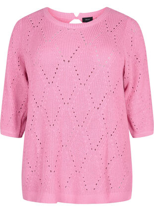 	 Knitted jumper with 3/4 sleeves and lace pattern, Begonia Pink, Packshot image number 0