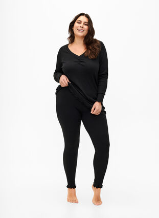 Ribbed blouse with long sleeves and V-neck, Black, Model image number 2
