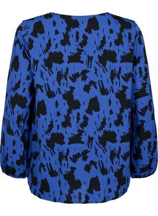 Long sleeved blouse with ruffles, Black Blue AOP, Packshot image number 1