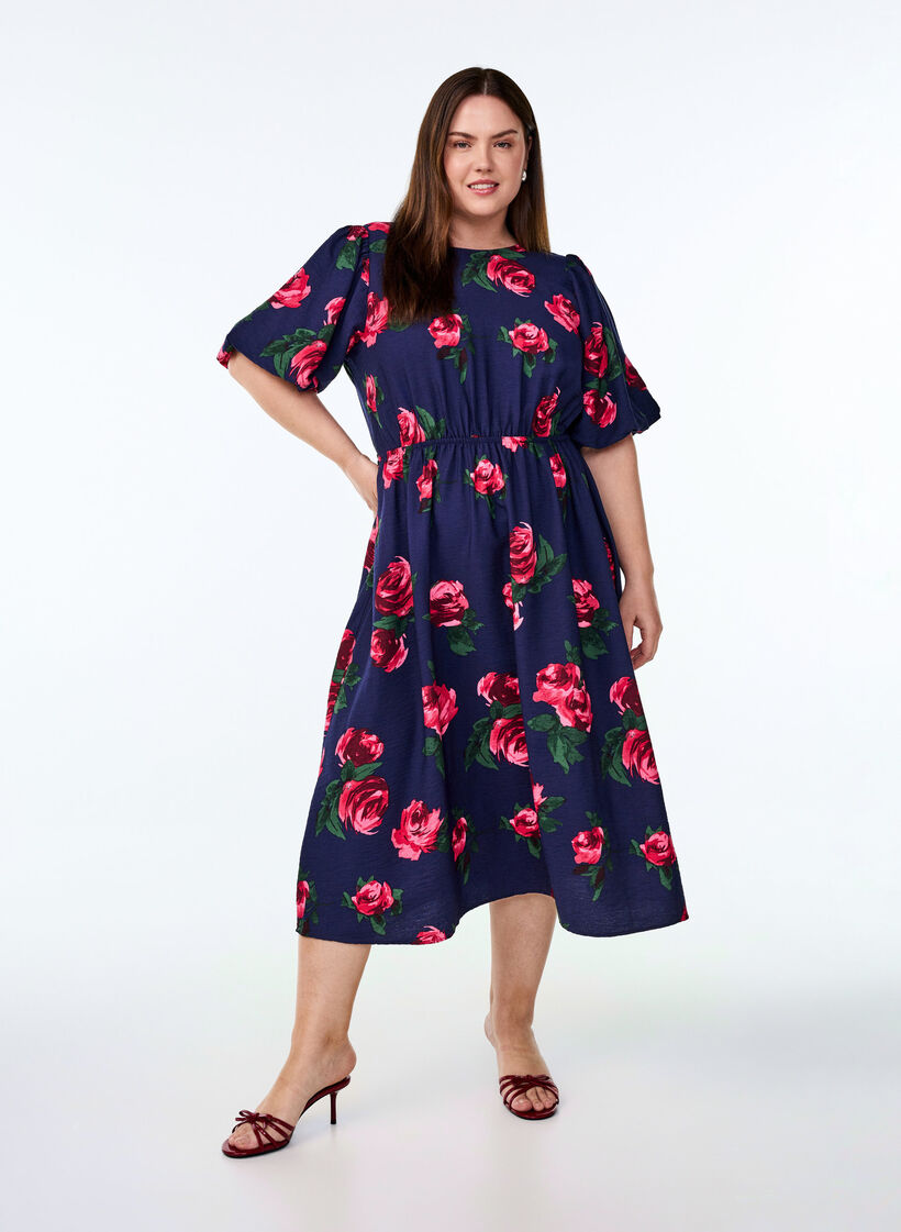 Midi dress with rose print and short balloon sleeves, Blue, Model image number 1