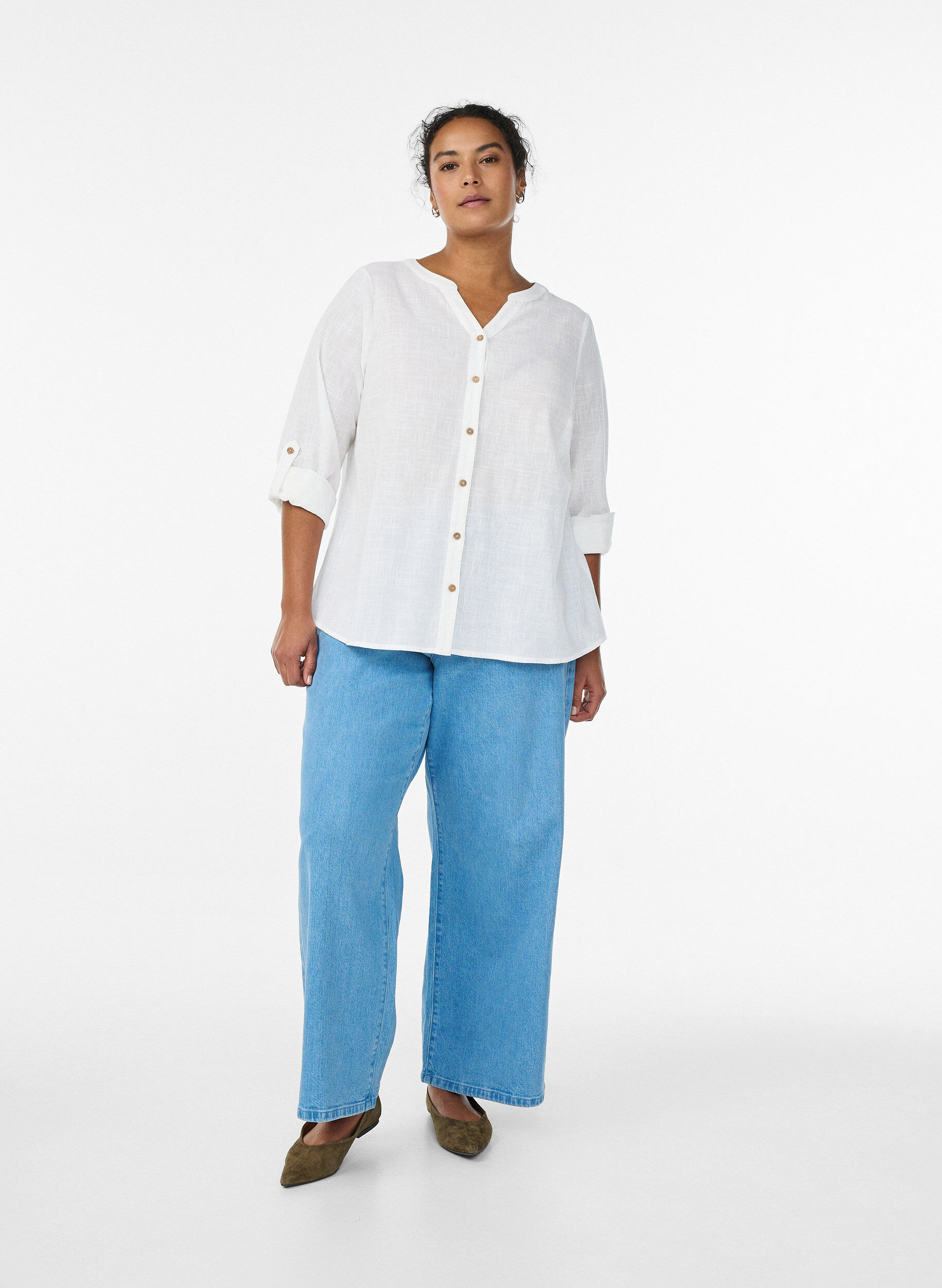 Zizzifashion Cotton shirt blouse with V-neck, White, Model image number 1