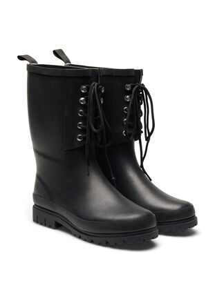 Wide fit rubber boot with laces , Black, Packshot image number 2