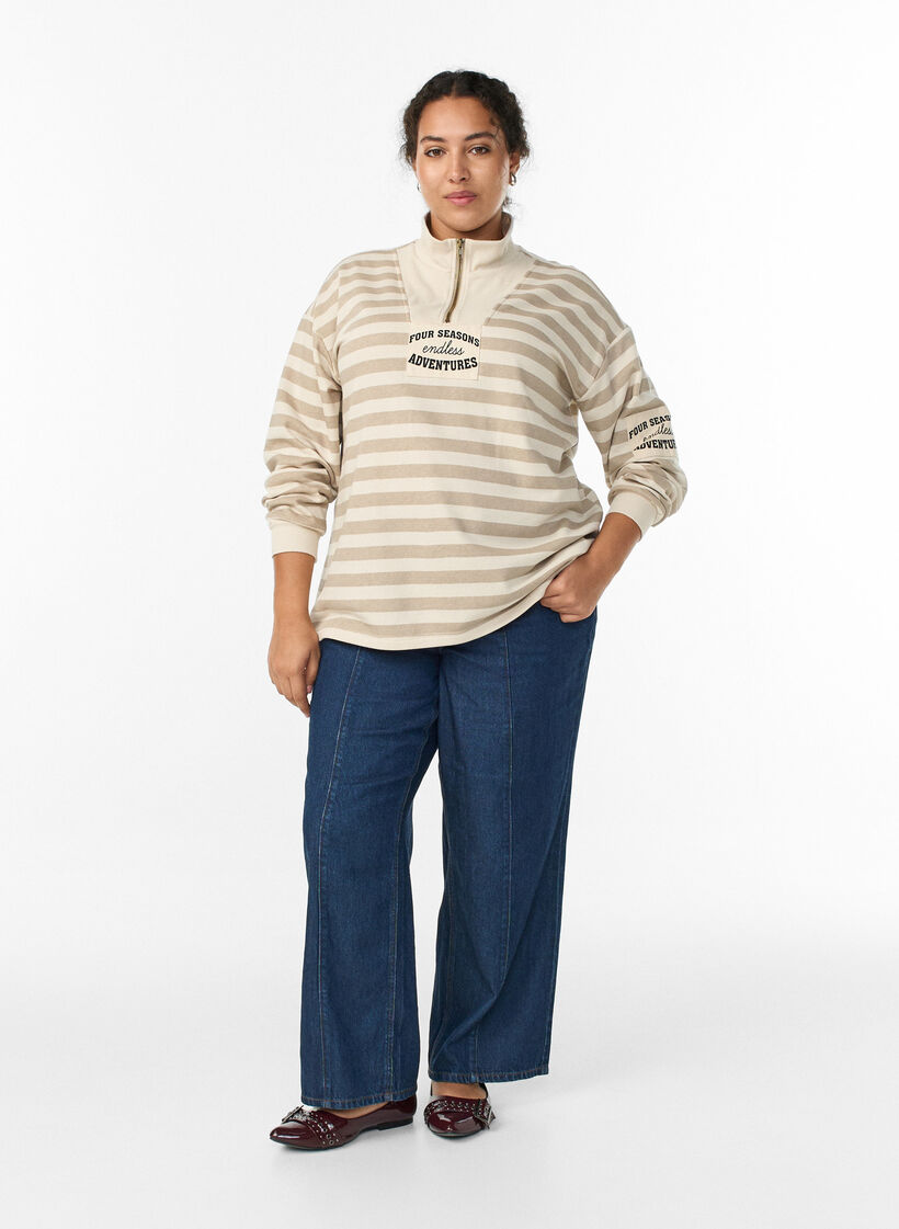 Striped sweatshirt with a high neck and zip, Beige, Model image number 1