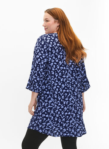 Floral tunic with 3/4 sleeves, M. Blue Flower AOP, Model image number 1