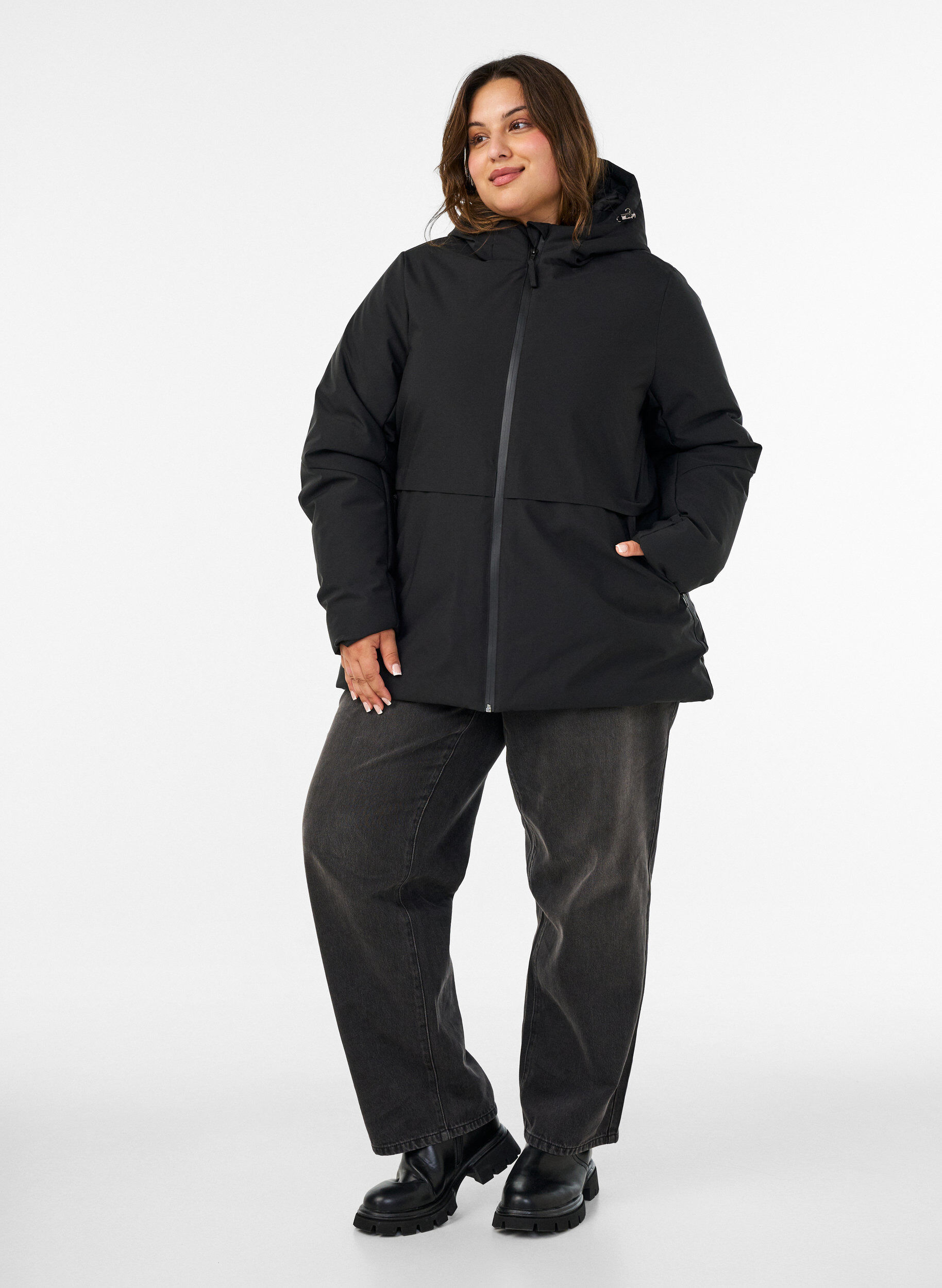 ZizzifashionWinter jacket with hood and adjustable waist, Black, Model image number 1