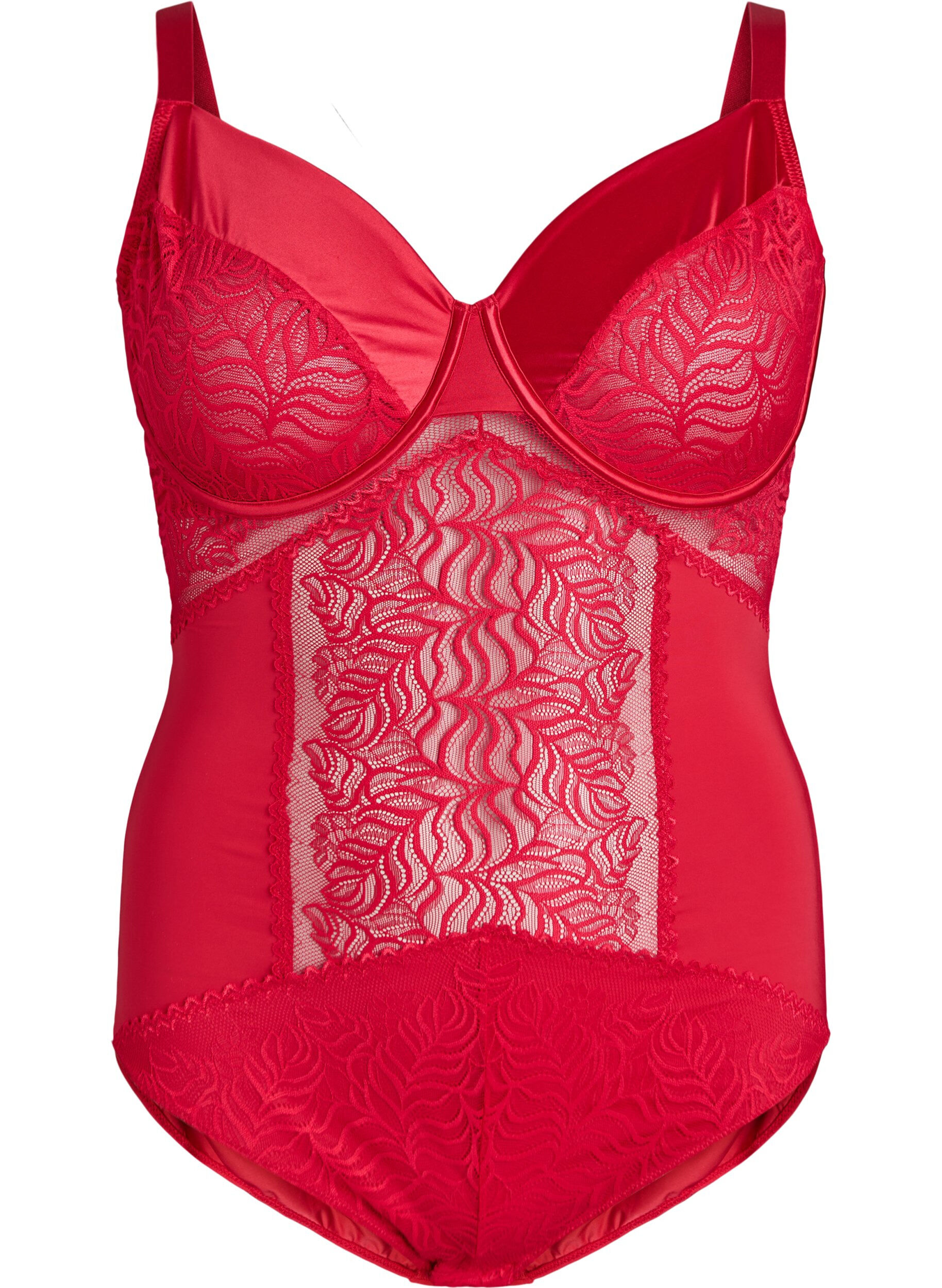 Zizzifashion Bodysuit with lace and satin detail, Red, Packshot image number 0