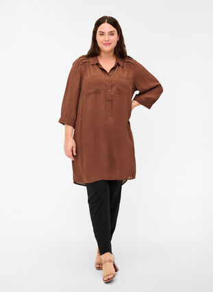 Viscose tunic with buttons and 3/4 sleeves, Rocky Road, Model image number 2