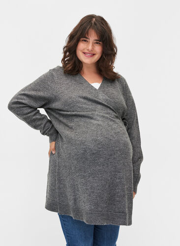 Mottled maternity blouse in knit with wrap, Medium Grey Melange, Model image number 0