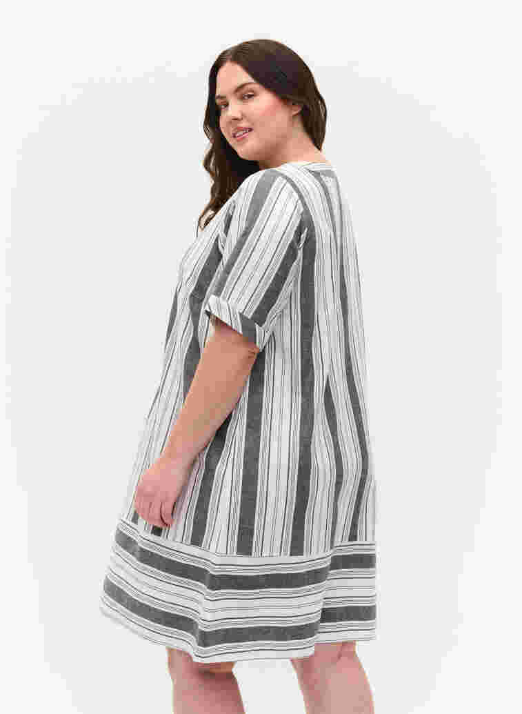 Striped cotton dress with short sleeves, Black Stripe, Model image number 1