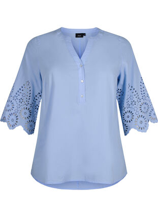 Shirt blouse with broderie anglaise and 3/4 sleeves, Serenity, Packshot image number 0