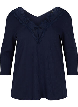 Blouse with 3/4 sleeves and lace details, Navy Blazer, Packshot image number 0