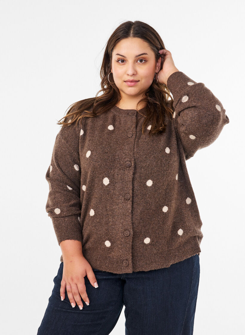 Cardigan with a dotted pattern, Brown, Model image number 0