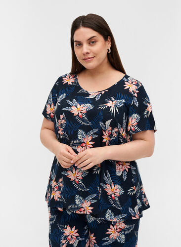 Viscose blouse with print and short sleeves, Blue Flower Leaf AOP, Model image number 0