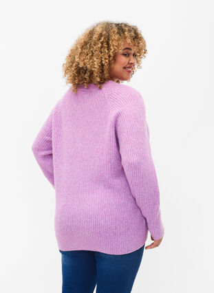 Melange knit sweater with pearl buttons, Purple Mel., Model image number 1