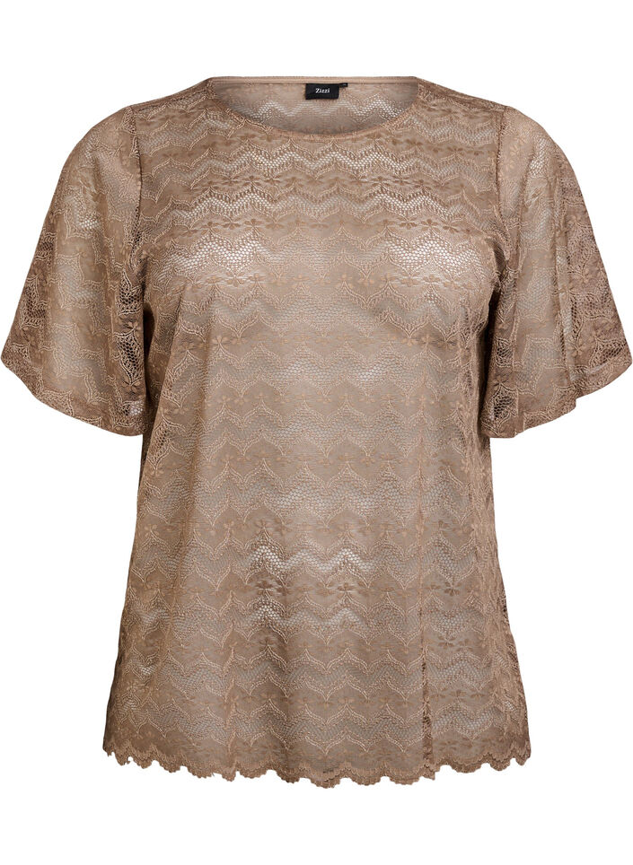 Lace blouse with short sleeves and scalloped hem, Brown, Packshot image number 0