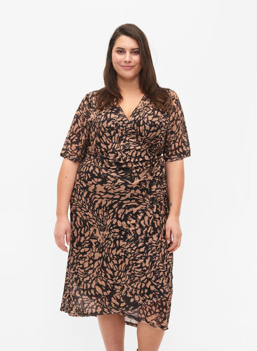 Printed wrap midi dress, Black Brown AOP, Model image number 0