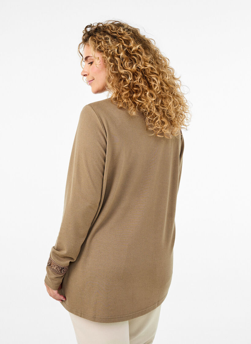Blouse with embroidery details and long sleeves, Brown, Model image number 2