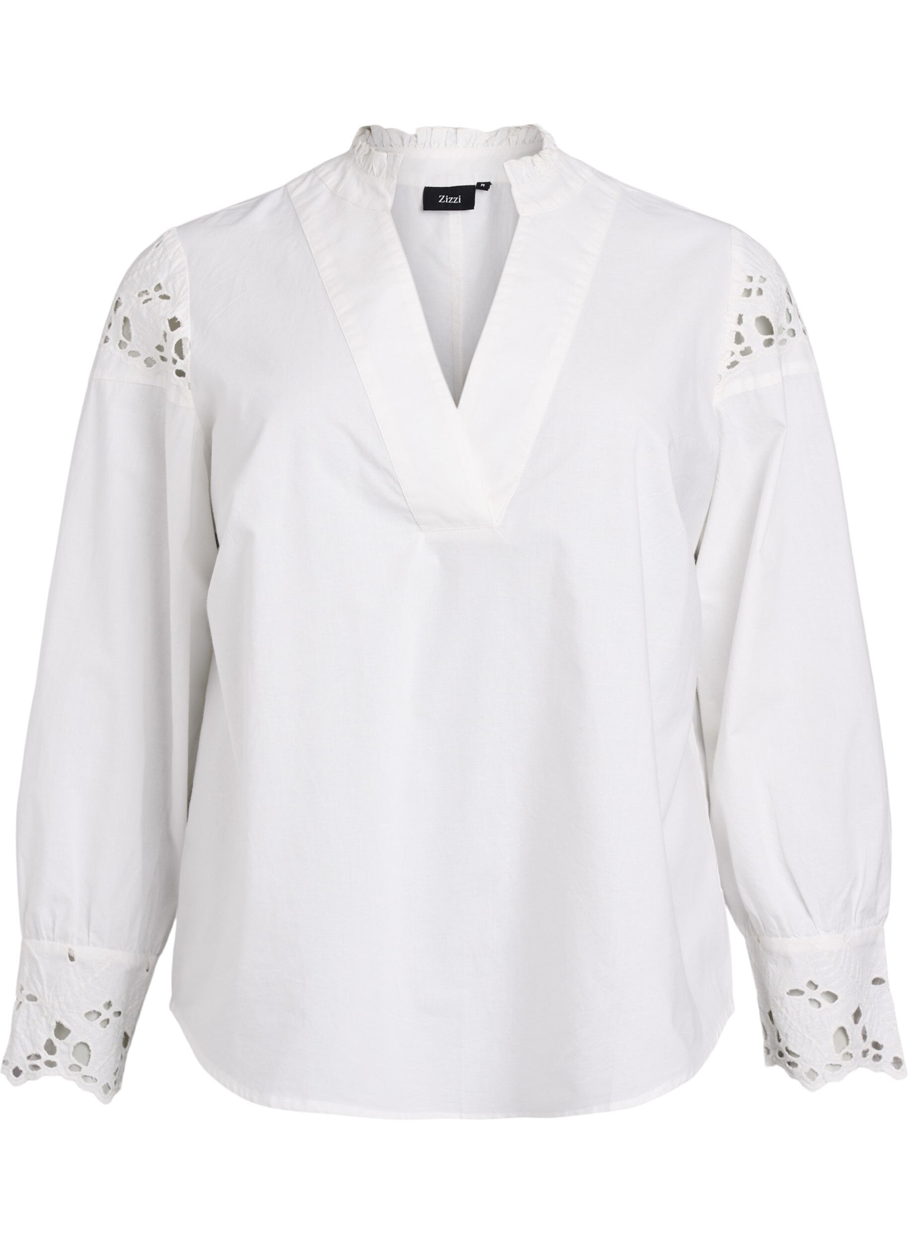 Blouse with V-neck and broderie anglaise details