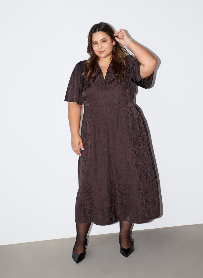 Midi jacquard dress with paisley pattern and wing sleeves, Brown, Model image number 0