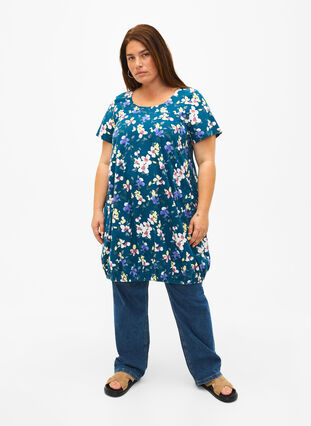 Short-sleeved, printed cotton dress, Legion Blue AOP, Model image number 2