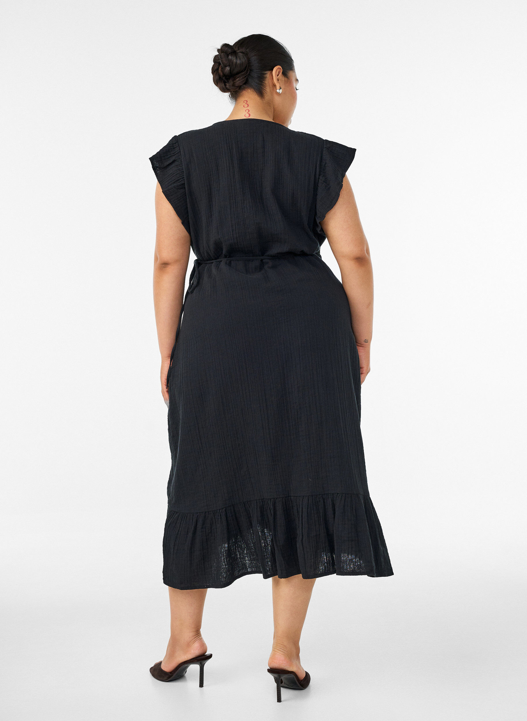 ZizzifashionWrap dress in cotton muslin with ruffles, Black, Model image number 1